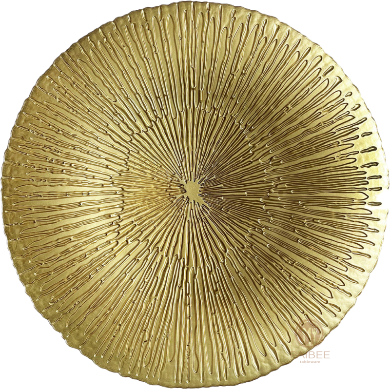 Multi-Color Gradient Sunburst Pattern Crystal Glass Charger Plate with Metallic & Ombre Options