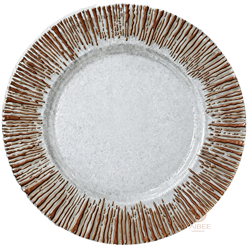 Multi-Color Metallic Radiant Rim Crystal Glass Charger Plate with Clear Center