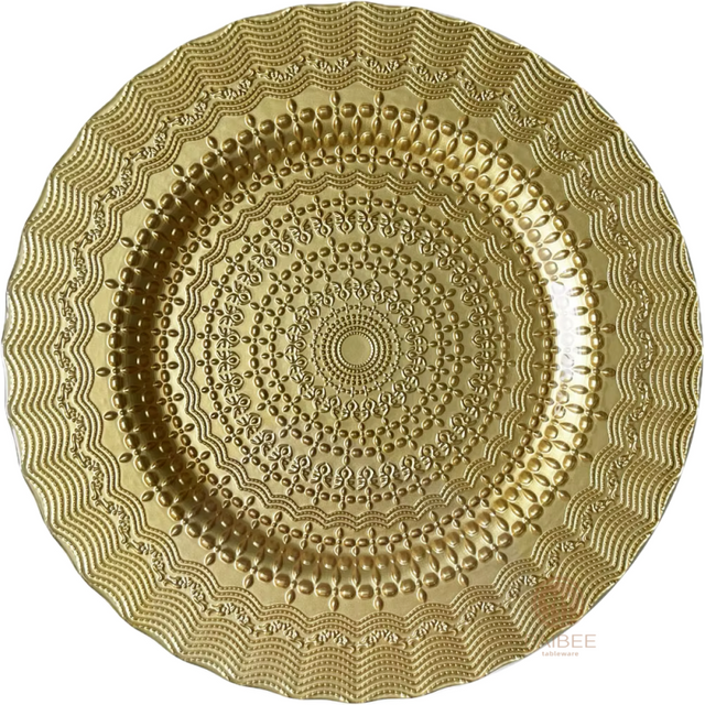 Multi-Color Mandala Lace Embossed Crystal Glass Charger Plate with Metallic & Transparent Finishes