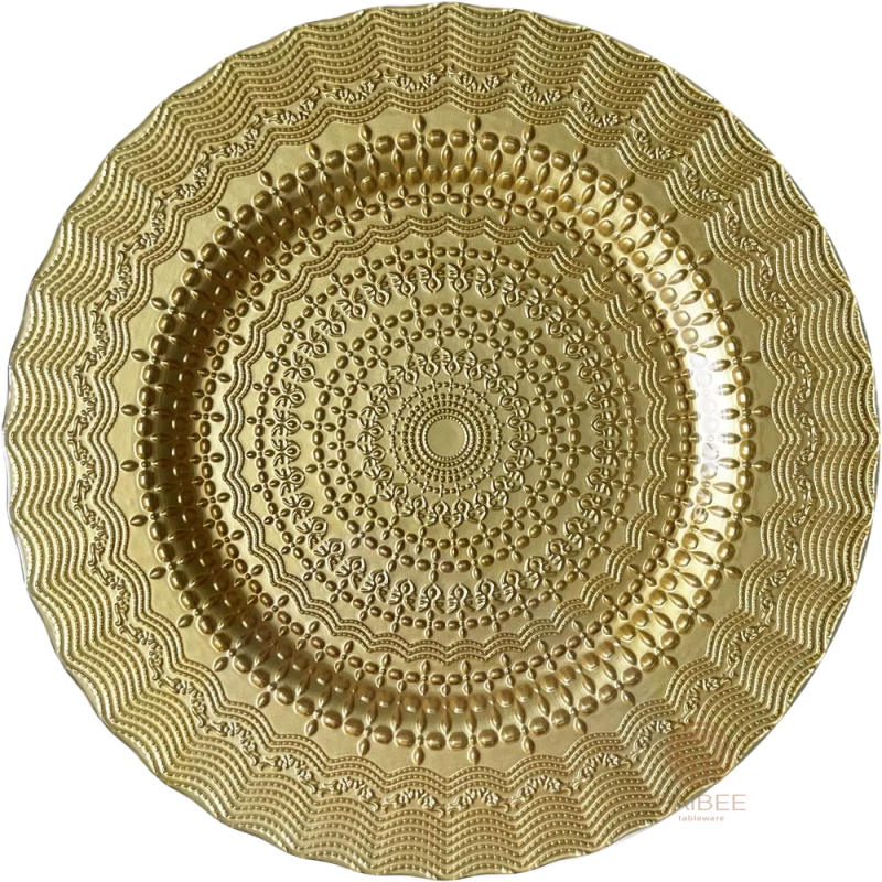 Multi-Color Mandala Lace Embossed Crystal Glass Charger Plate with Metallic & Transparent Finishes