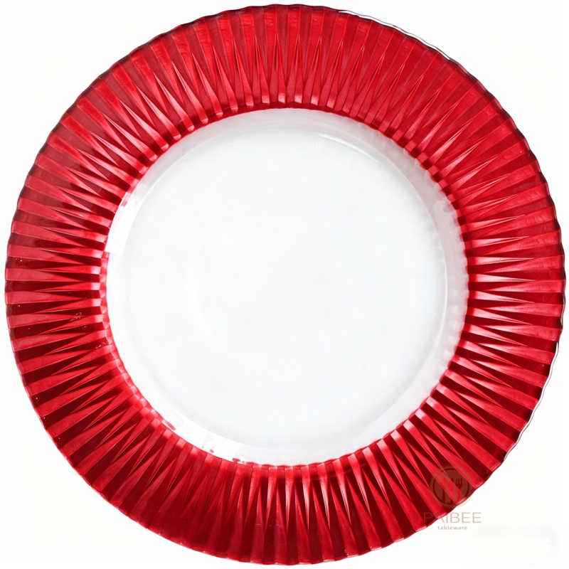 Multi-Color Sunburst Pleated Rim Crystal Glass Charger Plate with Solid & Clear Center Options