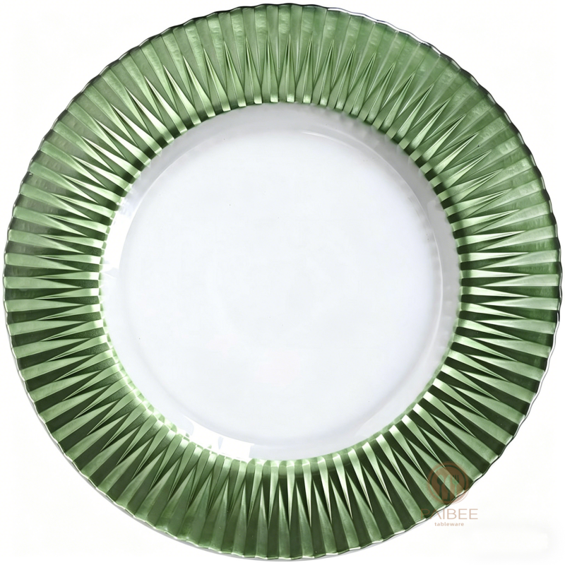 Multi-Color Sunburst Pleated Rim Crystal Glass Charger Plate with Solid & Clear Center Options