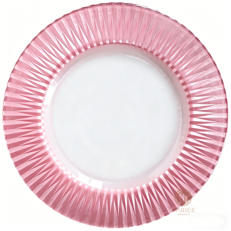 Multi-Color Sunburst Pleated Rim Crystal Glass Charger Plate with Solid & Clear Center Options