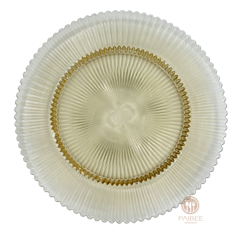 Multi-Color Pleated Rim Crystal Glass Charger Plate with Metallic Center Accent
