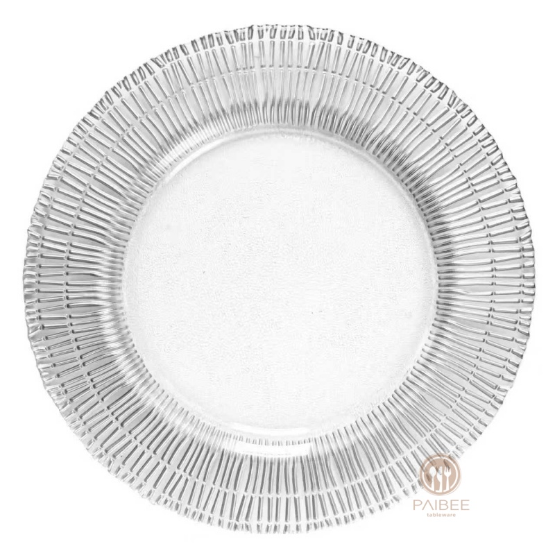 Multi-Color Linear Sunburst Rim Crystal Glass Charger Plate with Frosted Center