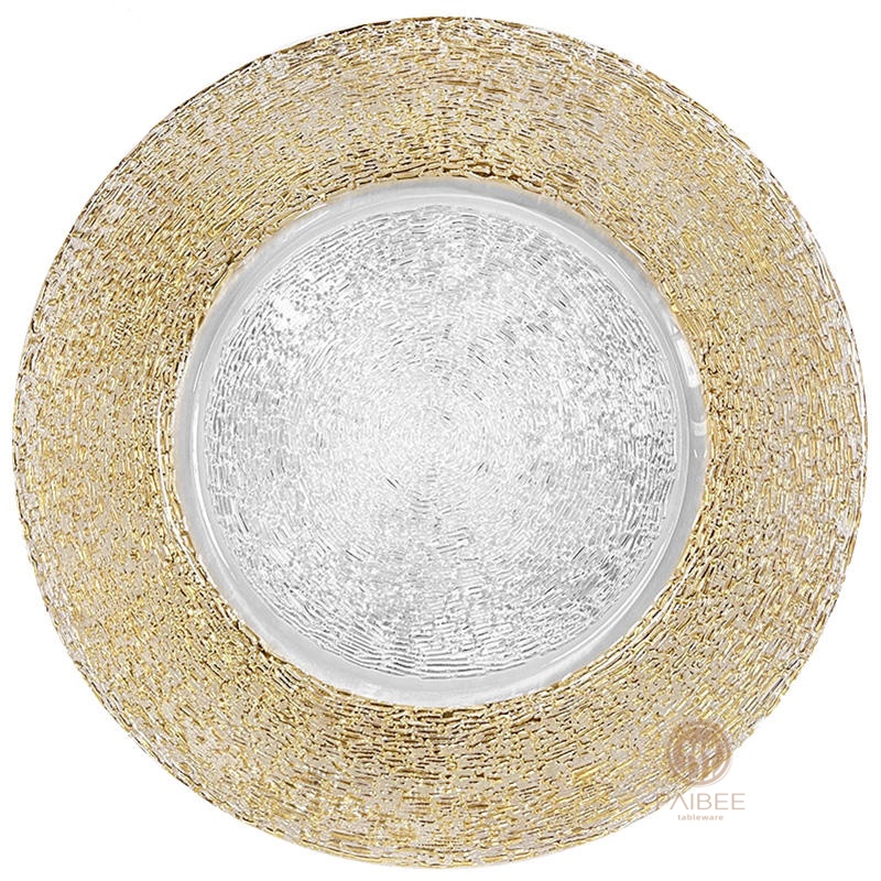 Multi-Color Metallic Mesh Rim Crystal Glass Charger Plate with Custom Options