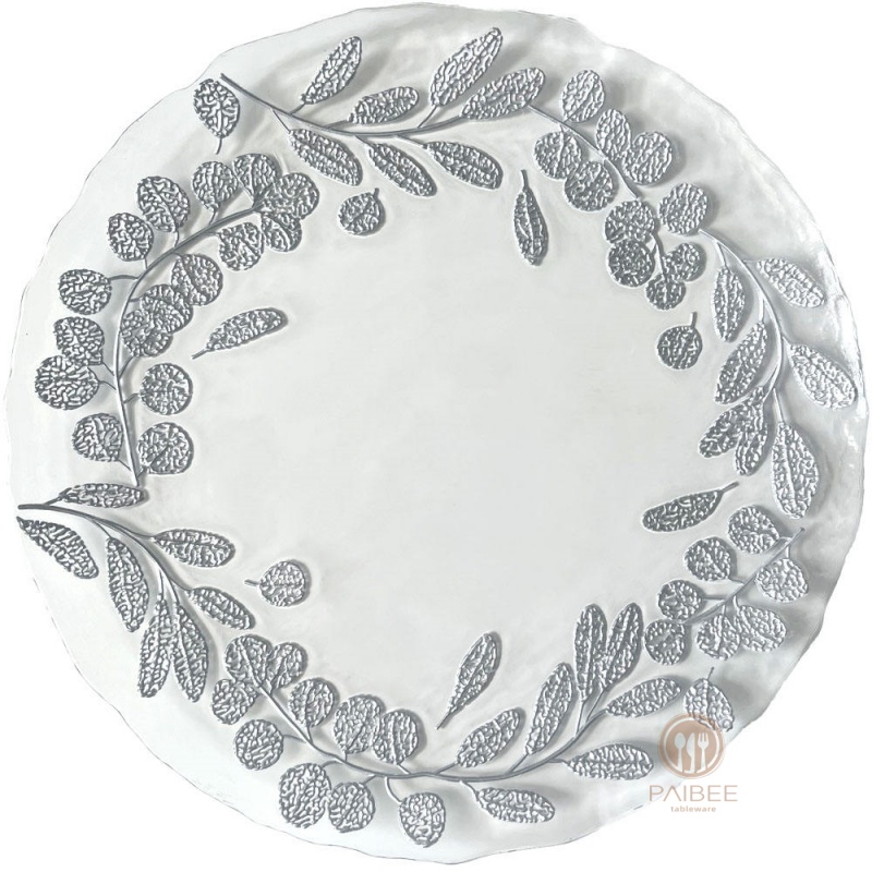 Multi-Color Metallic Leaf Wreath Crystal Glass Charger Plate with Gold & Silver Finishes