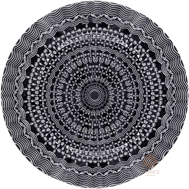 Multi-Color Mandala Lace Embossed Crystal Glass Charger Plate with Metallic & Transparent Finishes