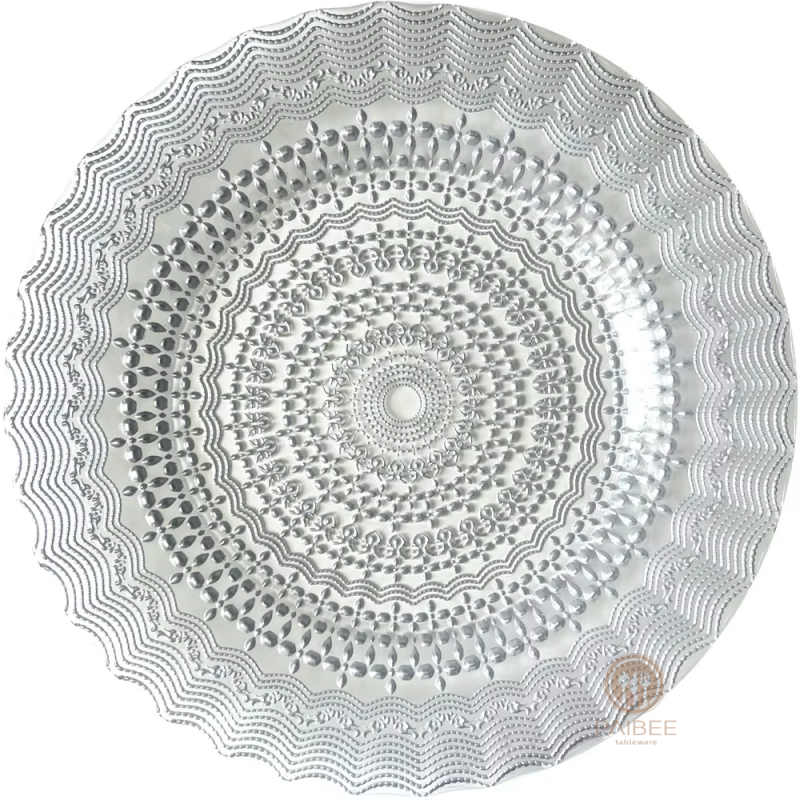 Multi-Color Mandala Lace Embossed Crystal Glass Charger Plate with Metallic & Transparent Finishes