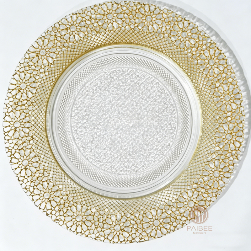 Multi-Color Jewel-Embossed Rim Crystal Glass Charger Plate with Custom Options