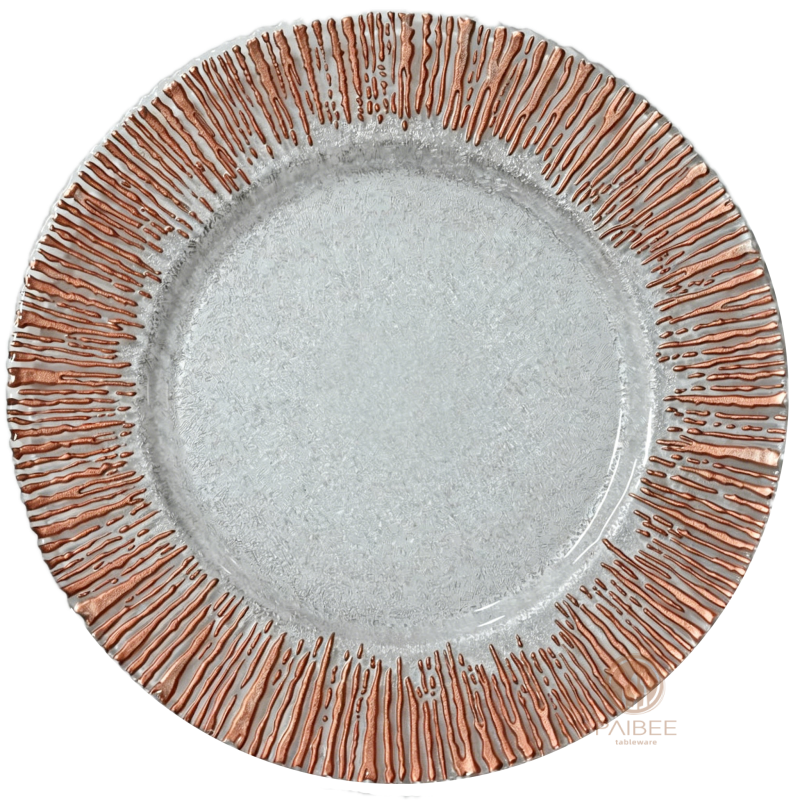 Multi-Color Metallic Radiant Rim Crystal Glass Charger Plate with Clear Center