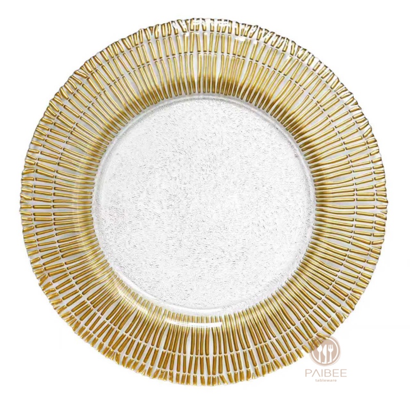 Multi-Color Linear Sunburst Rim Crystal Glass Charger Plate with Frosted Center