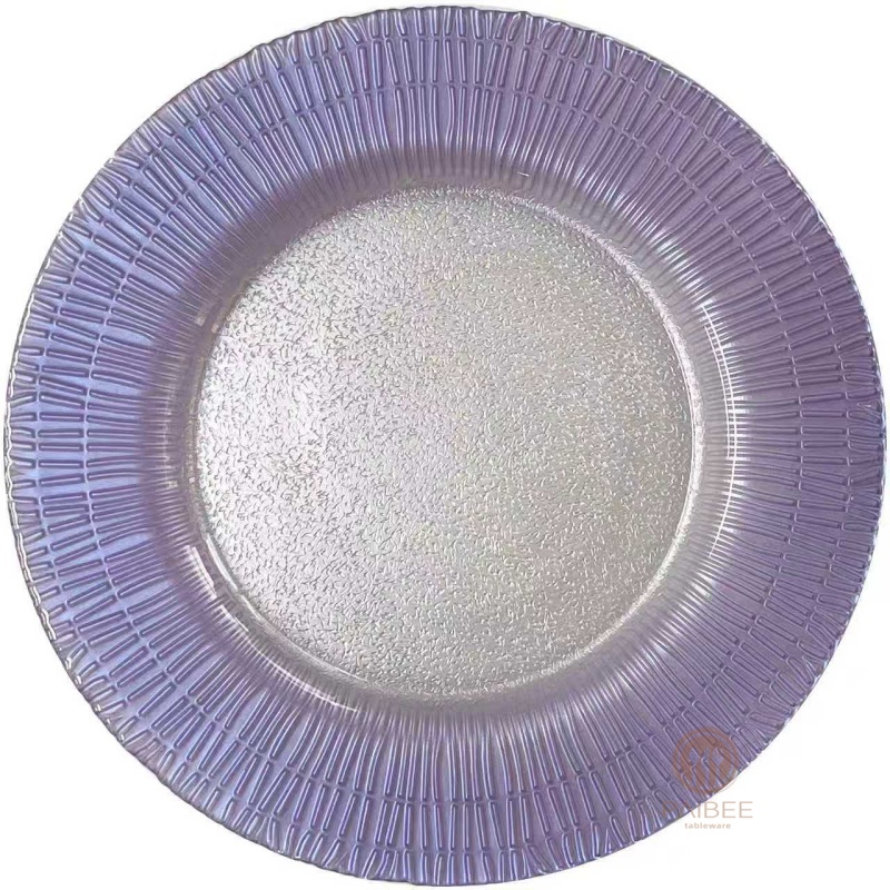 Multi-Color Linear Sunburst Rim Crystal Glass Charger Plate with Frosted Center