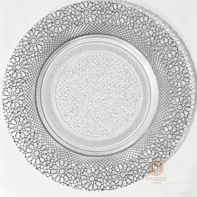 Multi-Color Jewel-Embossed Rim Crystal Glass Charger Plate with Custom Options