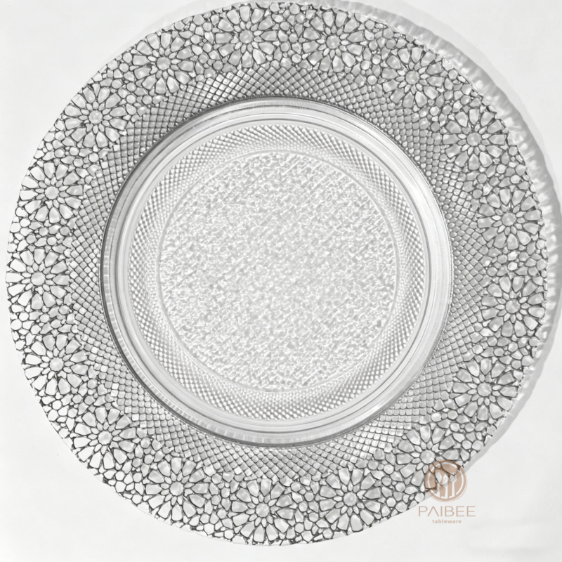 Multi-Color Jewel-Embossed Rim Crystal Glass Charger Plate with Custom Options