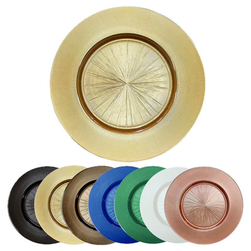Multi-Color Radial Sunburst Textured Crystal Glass Charger Plate with Metallic & Solid Options