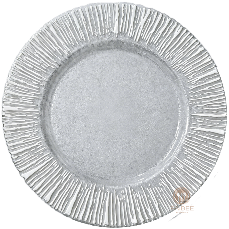 Multi-Color Metallic Radiant Rim Crystal Glass Charger Plate with Clear Center