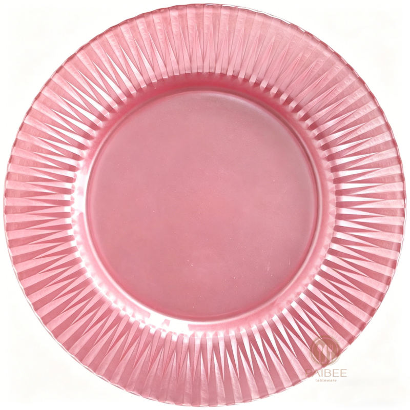 Multi-Color Sunburst Pleated Rim Crystal Glass Charger Plate with Solid & Clear Center Options