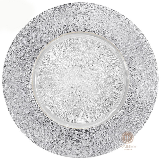 Multi-Color Metallic Mesh Rim Crystal Glass Charger Plate with Custom Options