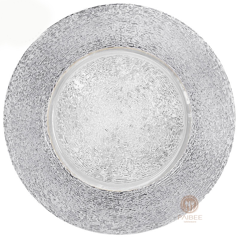 Multi-Color Metallic Mesh Rim Crystal Glass Charger Plate with Custom Options