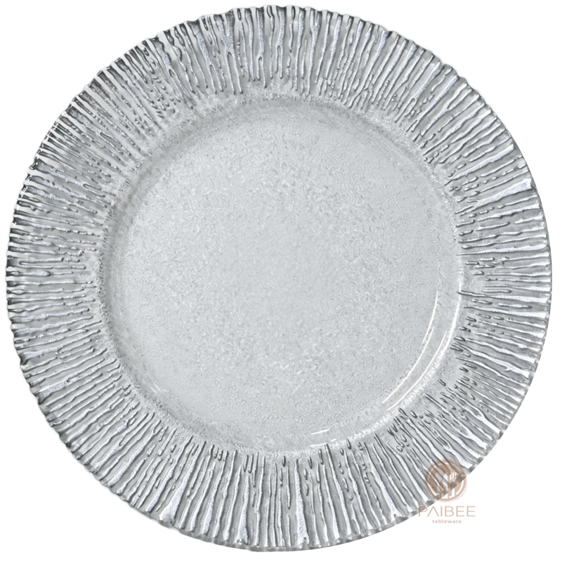 Multi-Color Metallic Radiant Rim Crystal Glass Charger Plate with Clear Center