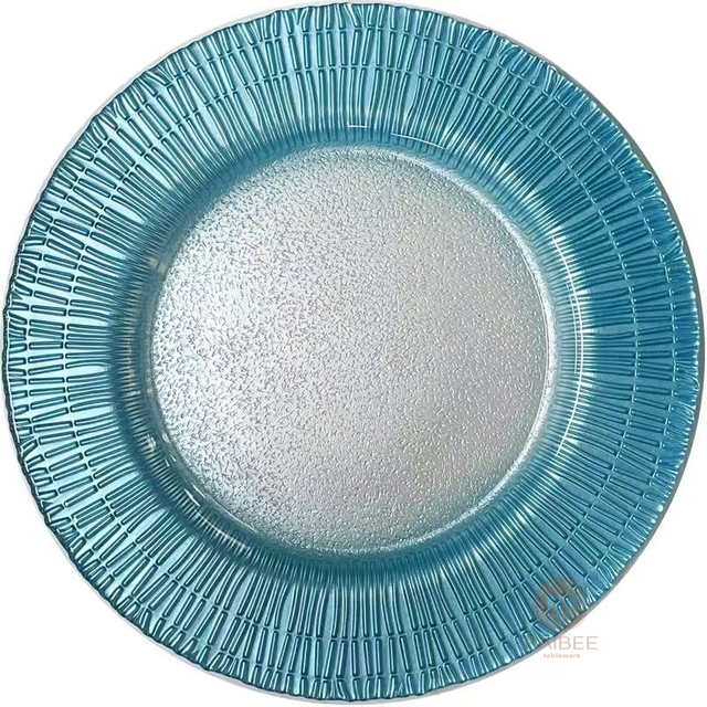 Multi-Color Linear Sunburst Rim Crystal Glass Charger Plate with Frosted Center